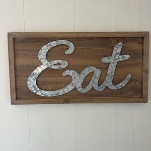 Wooden Wall Sign with Galvanized 'Eat' Script - Brown & Silver